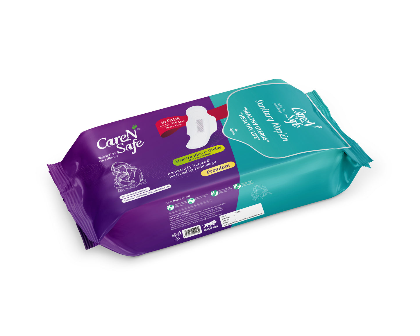 CareNSafe Premium Cotton XXL Sanitary Pads – 350mm | 10 Pads