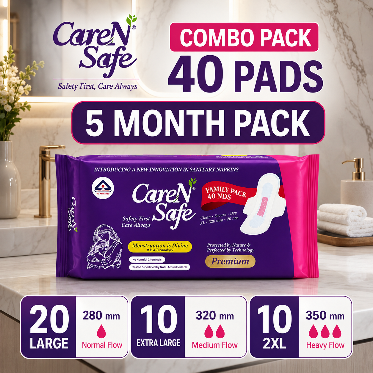CareNSafe Premium Cotton Sanitary Pads | Combo | 40 Pads | Free Shipping