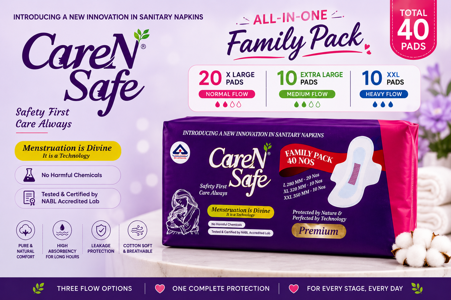 CareNSafe Premium Cotton Sanitary Pads | Combo | 40 Pads | Free Shipping