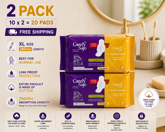 CareNSafe Premium Cotton Sanitary Pads 280mm | Regular | 20 Pads | 2 Packs | Free Shipping
